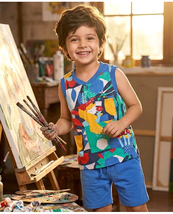 Babyhug Single Jersey Knit Sleeveless Printed Tank T-Shirt & Shorts Set - Blue