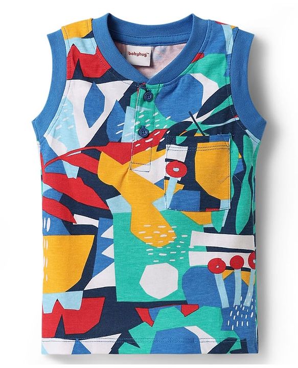 Babyhug Single Jersey Knit Sleeveless Printed Tank T-Shirt & Shorts Set - Blue