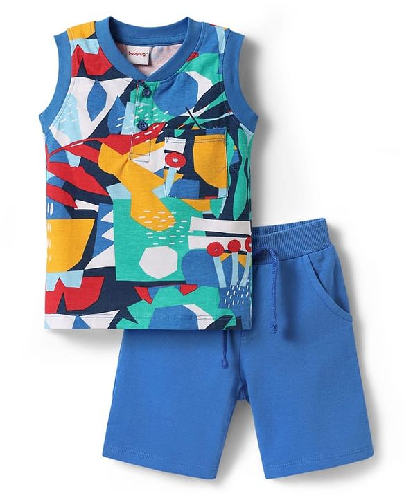 Babyhug Single Jersey Knit Sleeveless Printed Tank T-Shirt & Shorts Set - Blue