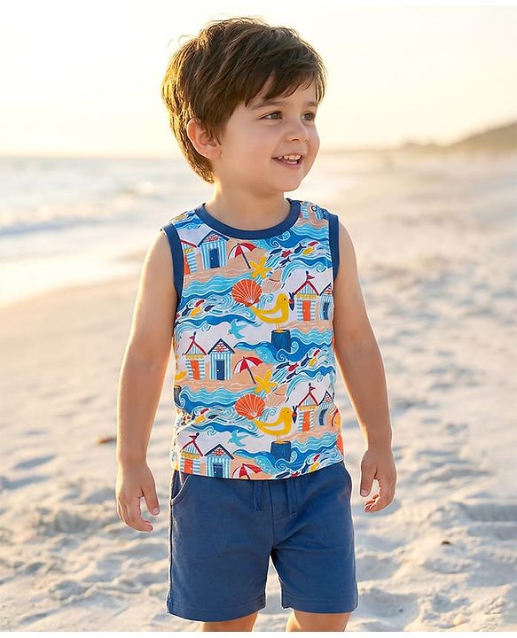 Babyhug Single Jersey Knit Sleeveless Tank T-Shirt With Sea Animals & Bird Print - Blue