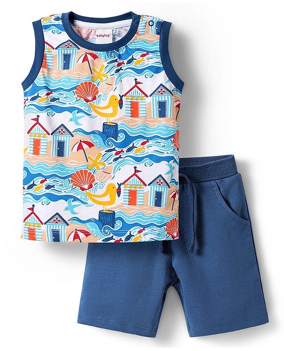 Babyhug Single Jersey Knit Sleeveless Tank T-Shirt With Sea Animals & Bird Print - Blue