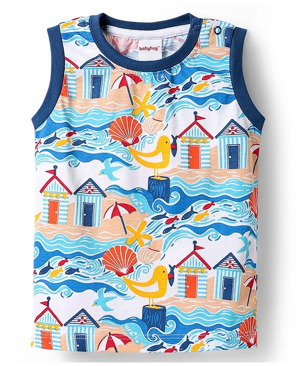 Babyhug Single Jersey Knit Sleeveless Tank T-Shirt With Sea Animals & Bird Print - Blue