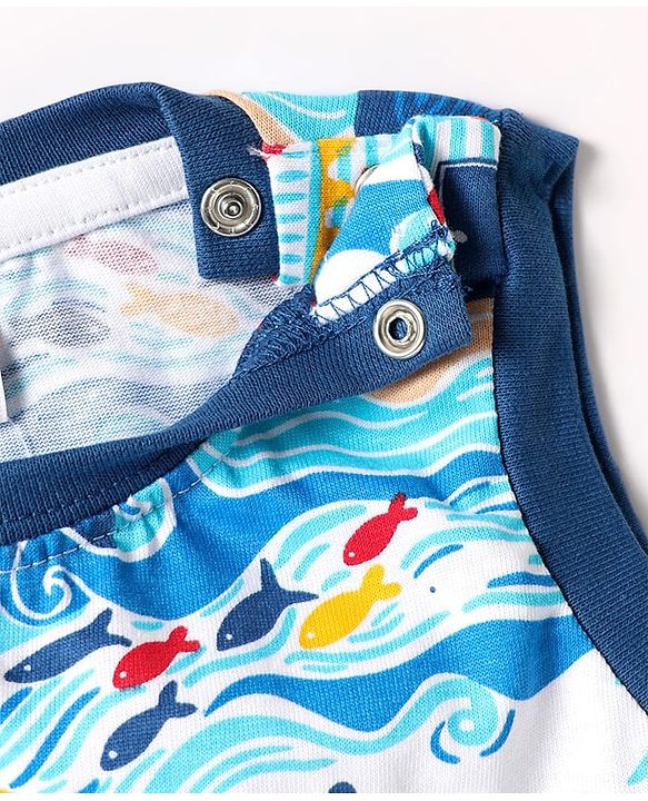 Babyhug Single Jersey Knit Sleeveless Tank T-Shirt With Sea Animals & Bird Print - Blue