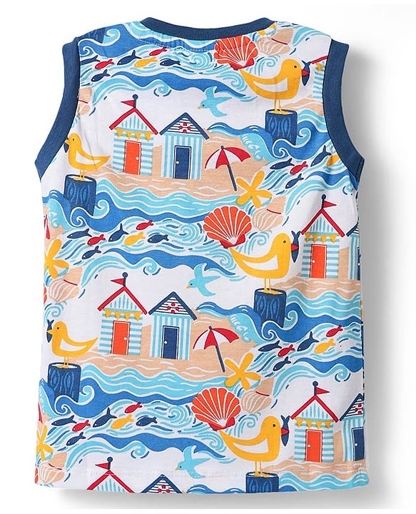 Babyhug Single Jersey Knit Sleeveless Tank T-Shirt With Sea Animals & Bird Print - Blue