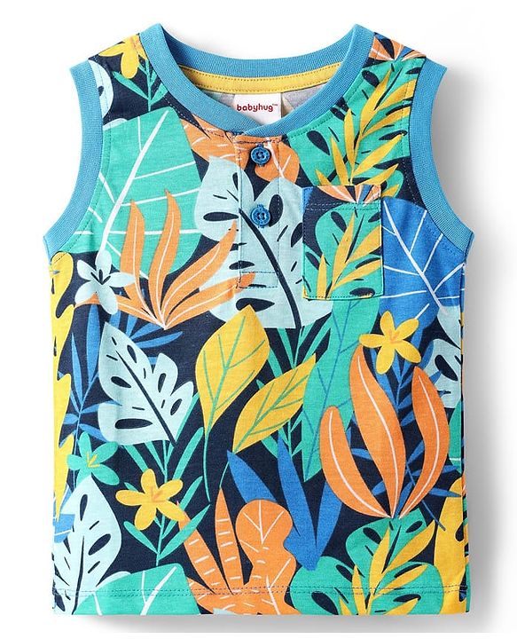 Babyhug Single Jersey Knit Sleeveless Tank T-Shirt & Shorts Set with Tropical Theme Print - Blue