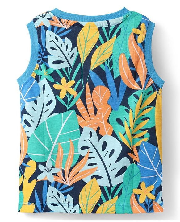 Babyhug Single Jersey Knit Sleeveless Tank T-Shirt & Shorts Set with Tropical Theme Print - Blue