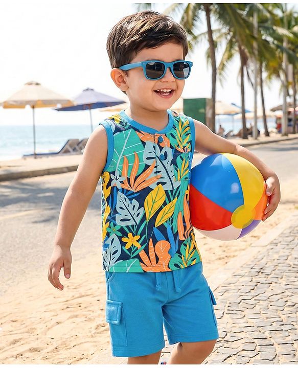 Babyhug Single Jersey Knit Sleeveless Tank T-Shirt & Shorts Set with Tropical Theme Print - Blue
