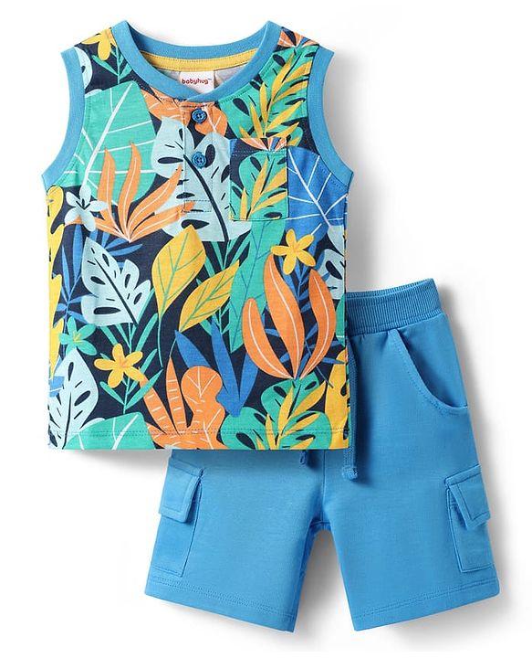 Babyhug Single Jersey Knit Sleeveless Tank T-Shirt & Shorts Set with Tropical Theme Print - Blue