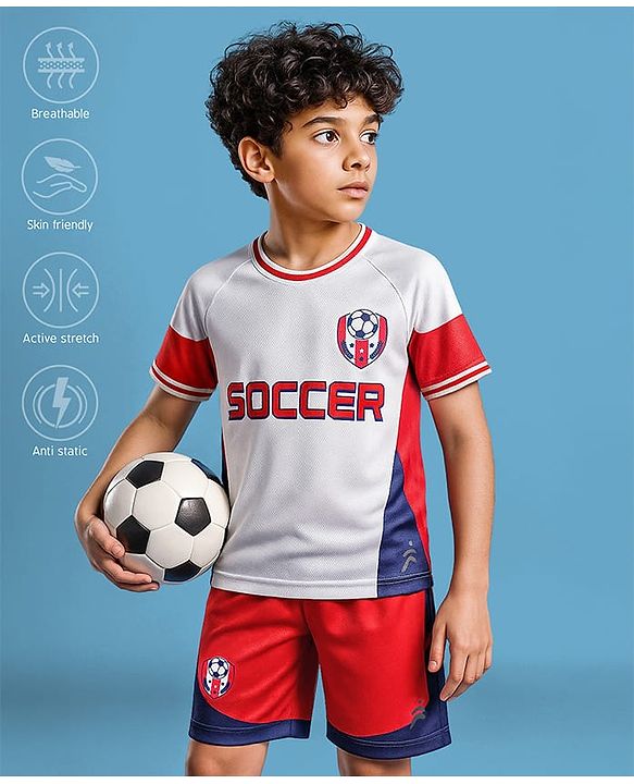 Pine Active Half Sleeves T-Shirt & Shorts With Soccer Print - White & Red