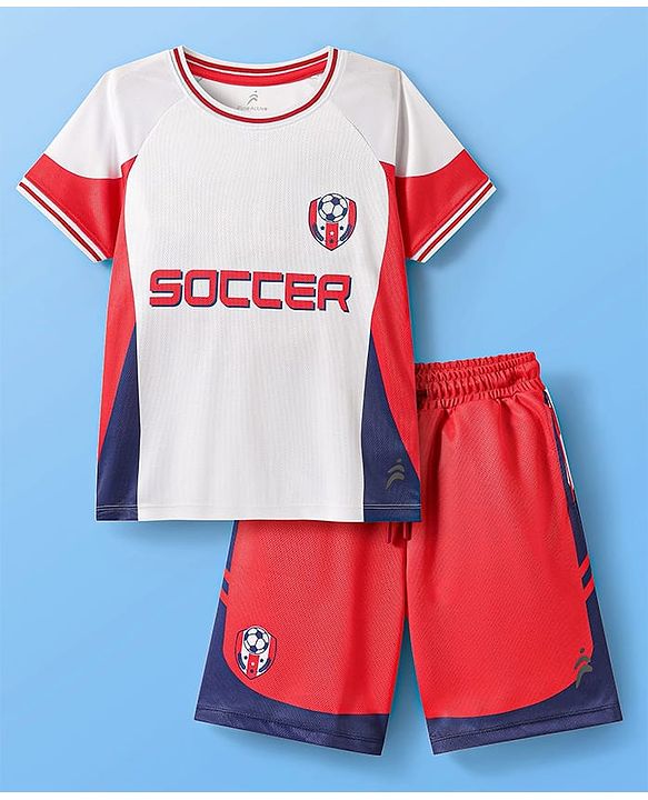 Pine Active Half Sleeves T-Shirt & Shorts With Soccer Print - White & Red