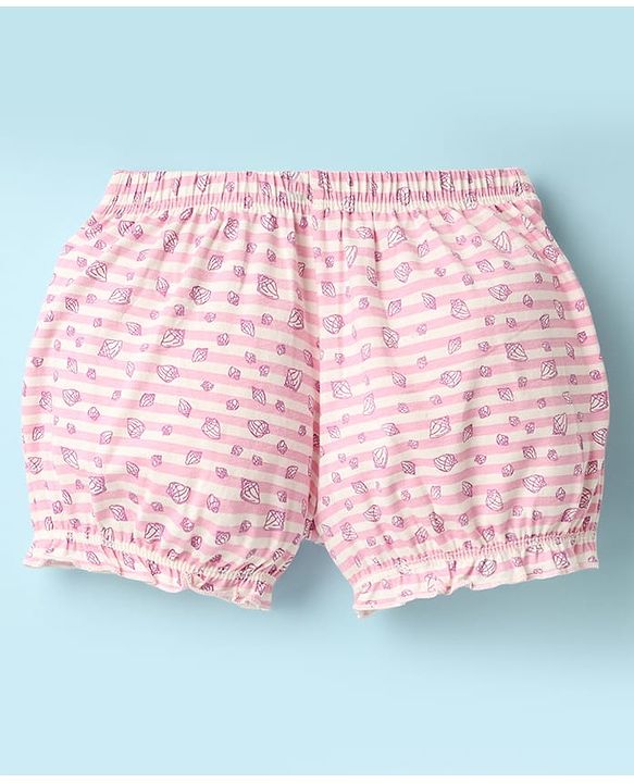 Pine Kids Cotton Elastane Knit Bloomers With Stripes & Shell Print Pack Of 3 - Yellow & Pink