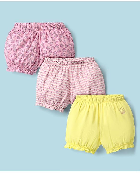 Pine Kids Cotton Elastane Knit Bloomers With Stripes & Shell Print Pack Of 3 - Yellow & Pink