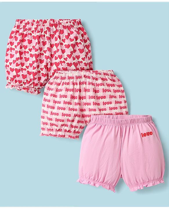 Pine Kids Cotton Elastane Knit Bloomers With Heart & Text Print Pack Of 3 - Pink