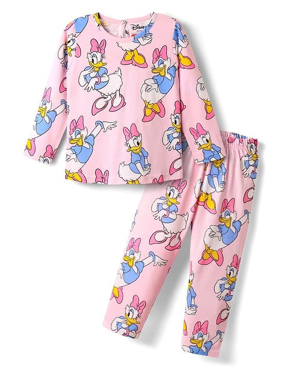Babyhug Disney Single Jersey Knit Full Sleeves Co-ords Night Suit with Daisy Duck Graphics - Pink
