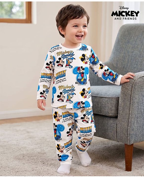 Babyhug Disney Single Jersey Knit Full Sleeves Co-ords Night Suit with Mickey & Friends Graphics - White