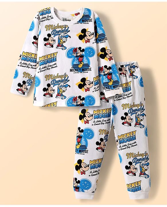 Babyhug Disney Single Jersey Knit Full Sleeves Co-ords Night Suit with Mickey & Friends Graphics - White