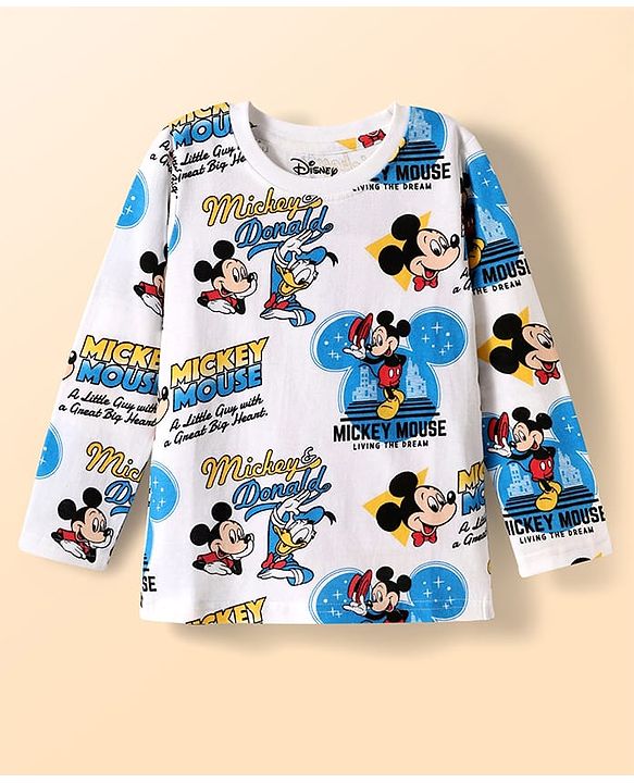 Babyhug Disney Single Jersey Knit Full Sleeves Co-ords Night Suit with Mickey & Friends Graphics - White