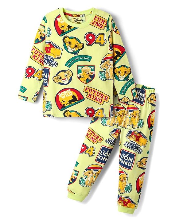 Babyhug Disney Single Jersey Knit Full Sleeves Night Suit with Lion King Graphics - Yellow