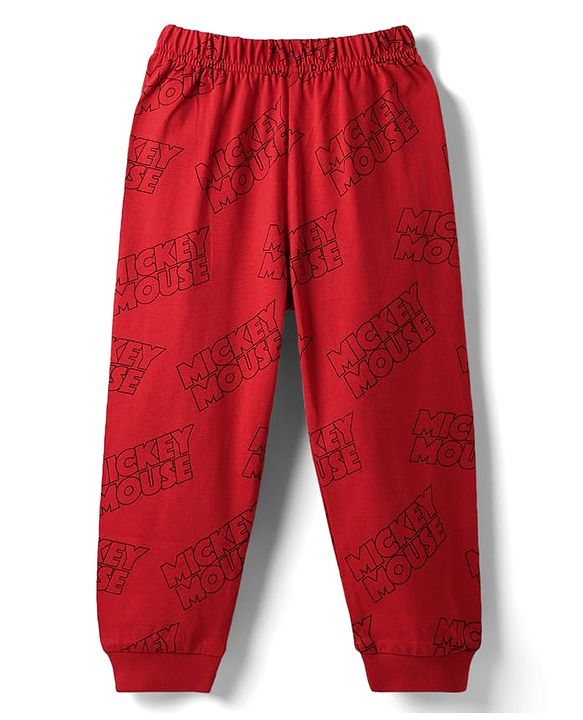 Babyhug Disney Single Jersey Knit Full Sleeves Night Suit With Mickey Mouse Family Print - Red
