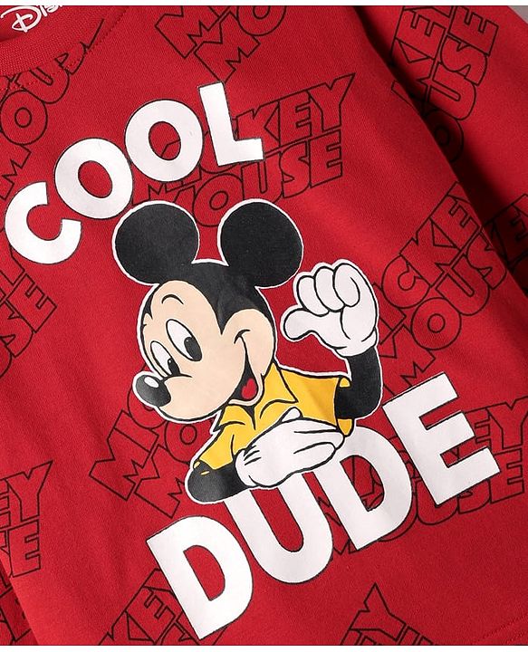 Babyhug Disney Single Jersey Knit Full Sleeves Night Suit With Mickey Mouse Family Print - Red