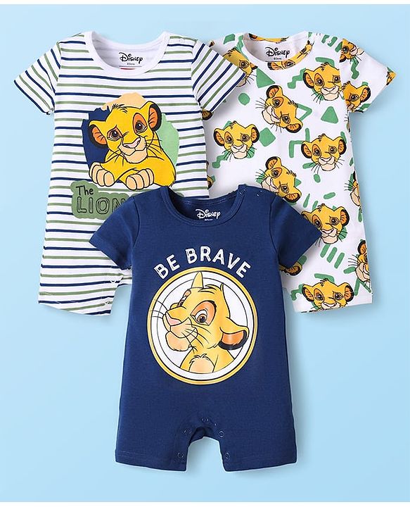 Babyhug 100% Cotton Knit Half Sleeves Romper With Simba Graphic Pack Of 3 - Navy Blue & White