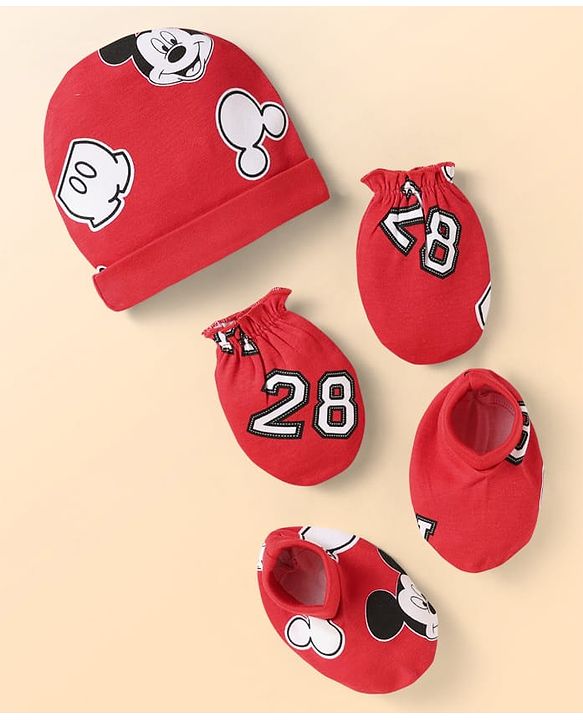 Babyhug Disney Interlock Knit Cap Mittens & Booties Set With Mickey Mouse Print - Red