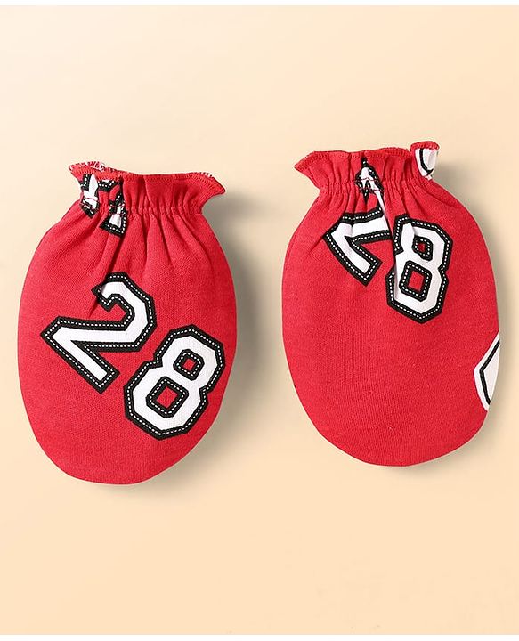 Babyhug Disney Interlock Knit Cap Mittens & Booties Set With Mickey Mouse Print - Red