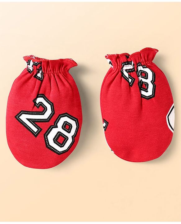 Babyhug Disney Interlock Knit Cap Mittens & Booties Set With Mickey Mouse Print - Red