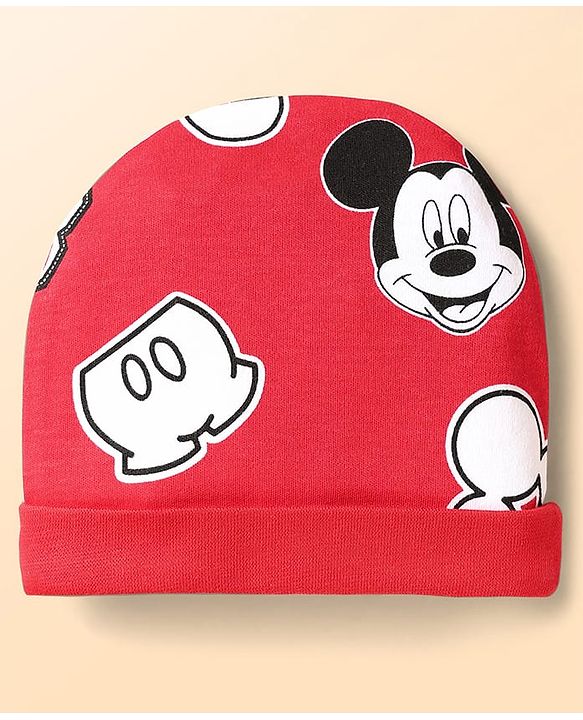 Babyhug Disney Interlock Knit Cap Mittens & Booties Set With Mickey Mouse Print - Red