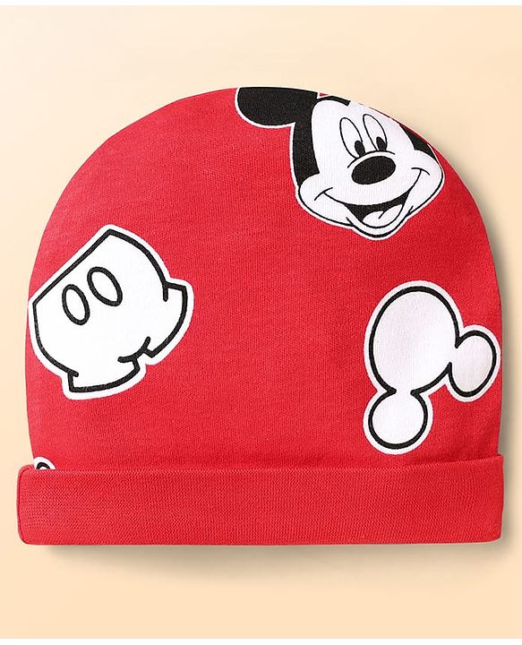 Babyhug Disney Interlock Knit Cap Mittens & Booties Set With Mickey Mouse Print - Red