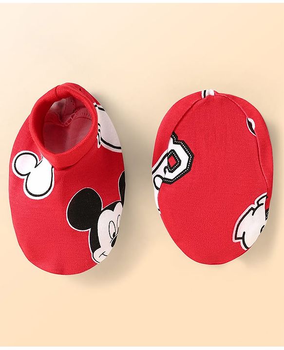 Babyhug Disney Interlock Knit Cap Mittens & Booties Set With Mickey Mouse Print - Red