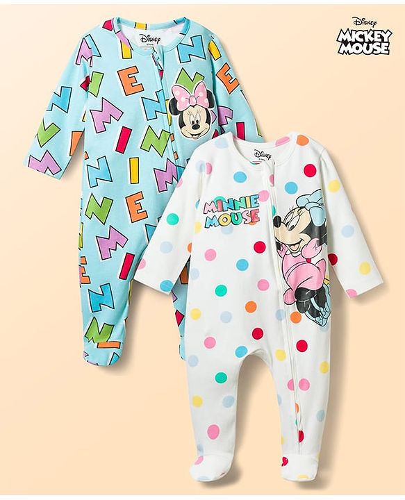 Babyhug Disney 100% Cotton Knit Full Sleeves Sleepsuits With Minnie Mouse Family Graphics Pack Of 2-Multicolor