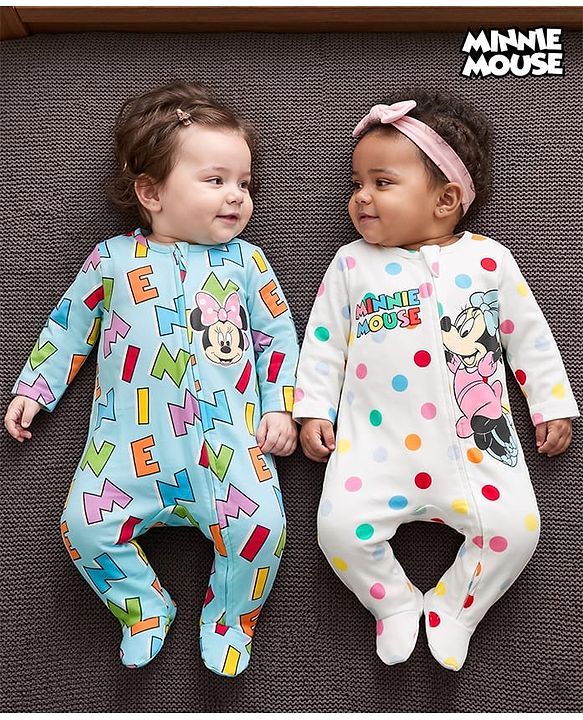 Babyhug Disney 100% Cotton Knit Full Sleeves Sleepsuits With Minnie Mouse Family Graphics Pack Of 2-Multicolor