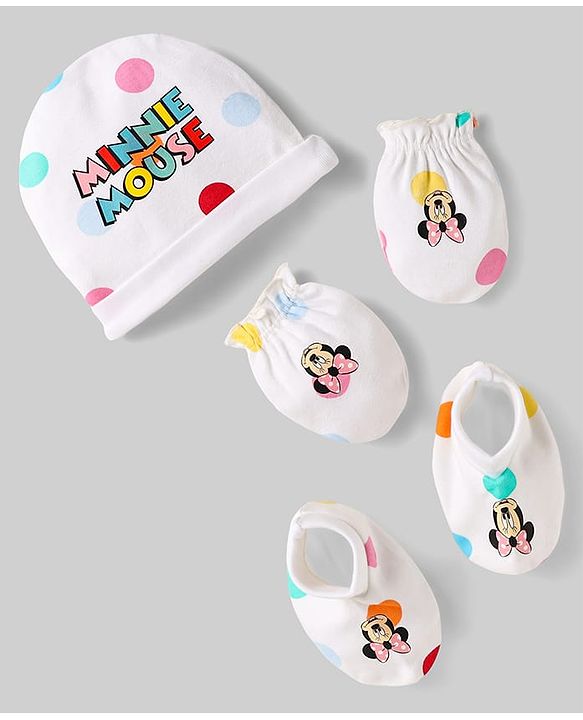 Babyhug Disney Interlock Knit Caps Mittens & Booties Set With Minnie Mouse Family Print White - Diameter 15 cm