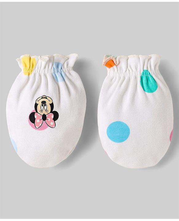 Babyhug Disney Interlock Knit Caps Mittens & Booties Set With Minnie Mouse Family Print White - Diameter 15 cm
