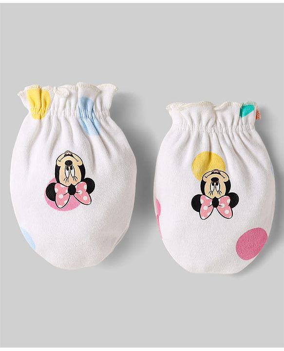 Babyhug Disney Interlock Knit Caps Mittens & Booties Set With Minnie Mouse Family Print White - Diameter 15 cm