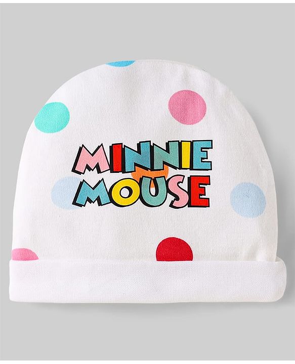 Babyhug Disney Interlock Knit Caps Mittens & Booties Set With Minnie Mouse Family Print White - Diameter 15 cm