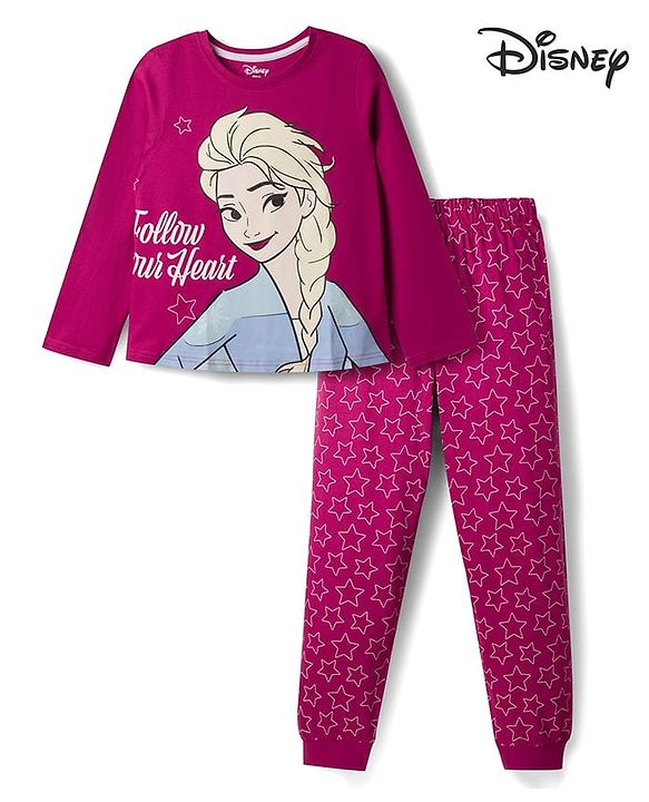 Pine Kids Disney Single Jersey Knit Full Sleeves T-Shirt & Pyjama Night Suit With Disney Princess Graphic & Star Print - Dark Pink