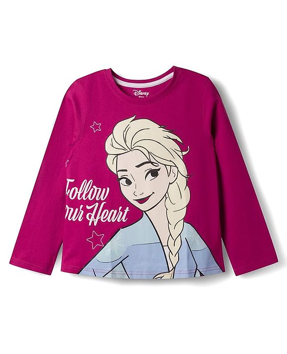 Pine Kids Disney Single Jersey Knit Full Sleeves T-Shirt & Pyjama Night Suit With Disney Princess Graphic & Star Print - Dark Pink