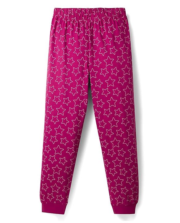 Pine Kids Disney Single Jersey Knit Full Sleeves T-Shirt & Pyjama Night Suit With Disney Princess Graphic & Star Print - Dark Pink