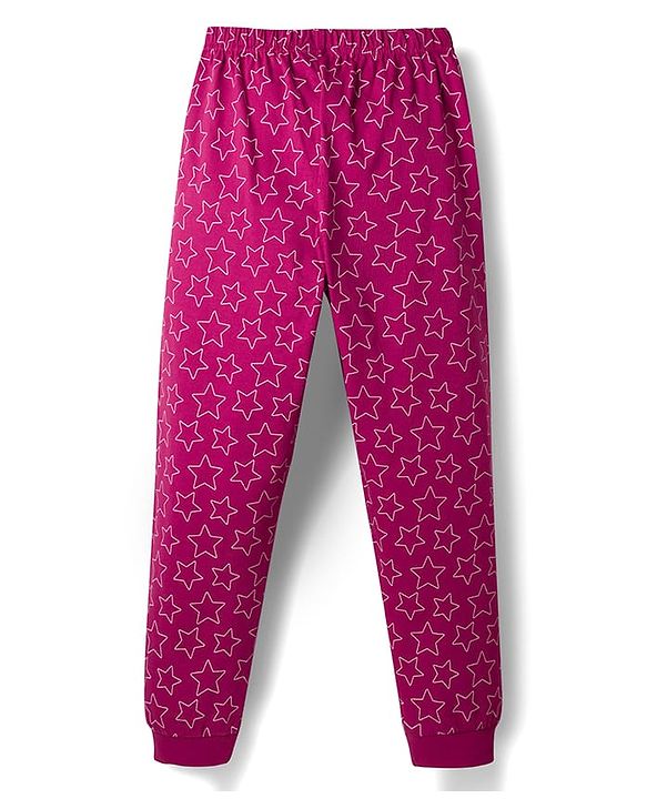 Pine Kids Disney Single Jersey Knit Full Sleeves T-Shirt & Pyjama Night Suit With Disney Princess Graphic & Star Print - Dark Pink