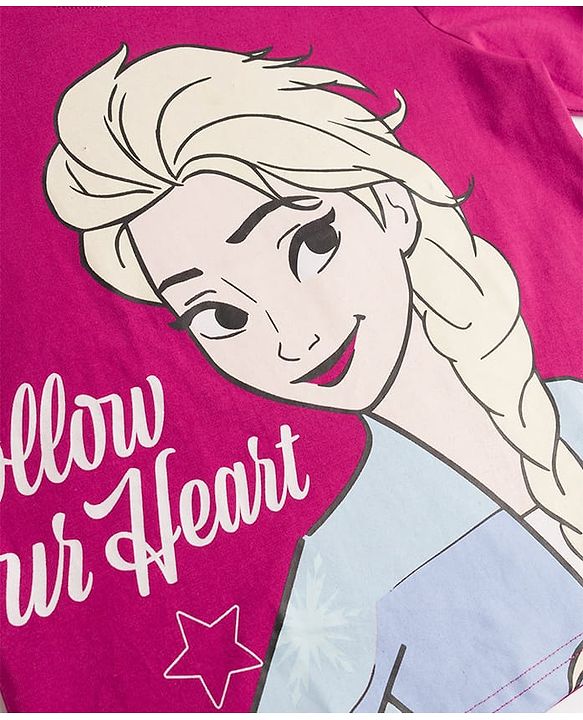 Pine Kids Disney Single Jersey Knit Full Sleeves T-Shirt & Pyjama Night Suit With Disney Princess Graphic & Star Print - Dark Pink
