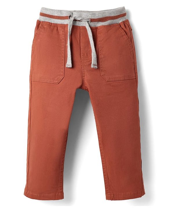 Babyhug Twill Woven Full Length Solid Coloured Trousers With Stretch - Rust Orange