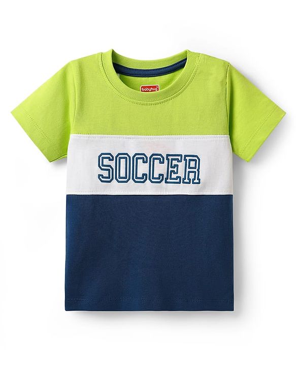 Babyhug Cotton Knit Half Sleeves Cut & Sew T-Shirt with Text Print - Navy Blue Light Green & White
