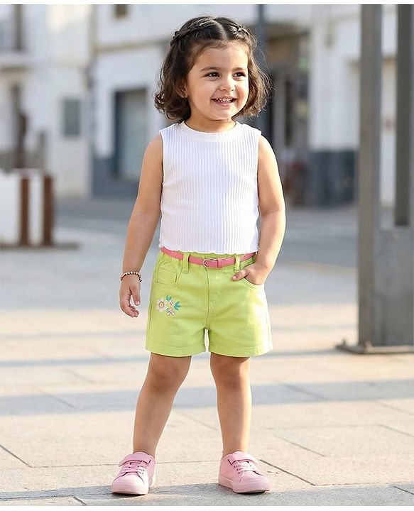 Babyhug Twill Woven Mid Thigh Floral Embroidery Shorts With Belt & Stretch - Lime Green