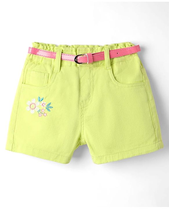 Babyhug Twill Woven Mid Thigh Floral Embroidery Shorts With Belt & Stretch - Lime Green