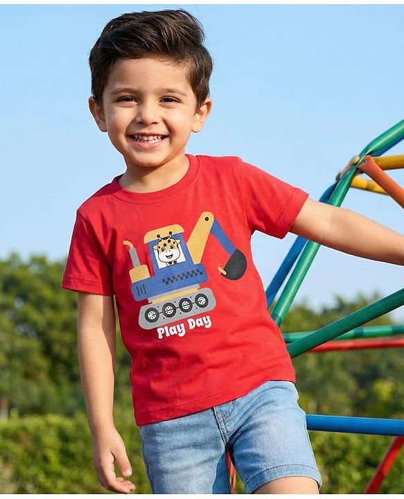 Babyhug Cotton Knit Half Sleeves T-Shirt with Giraffe Print - Red