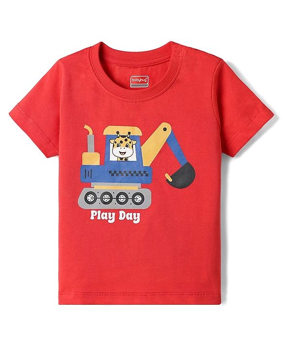 Babyhug Cotton Knit Half Sleeves T-Shirt with Giraffe Print - Red