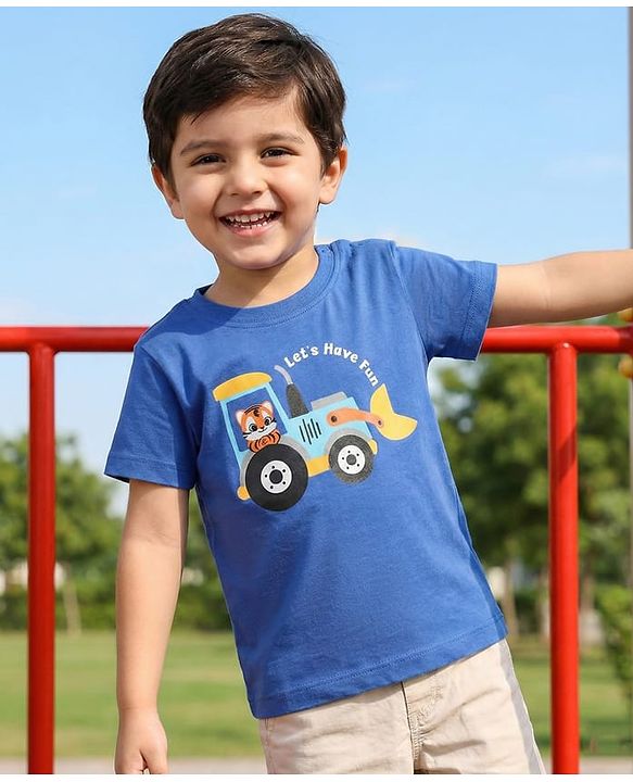 Babyhug Cotton Knit Half Sleeves T-Shirt with Tiger Print - Blue