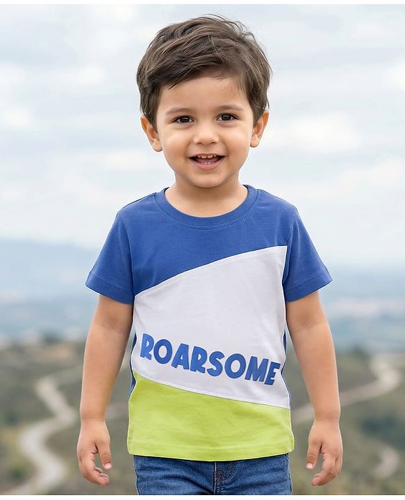 Babyhug Cotton Knit Half Sleeves Cut & Sew T-Shirt with Text Print - Blue White & Light Green